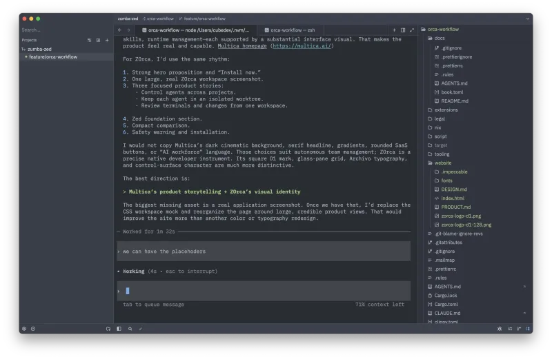 ZOrca showing project worktrees, an agent terminal, and repository files